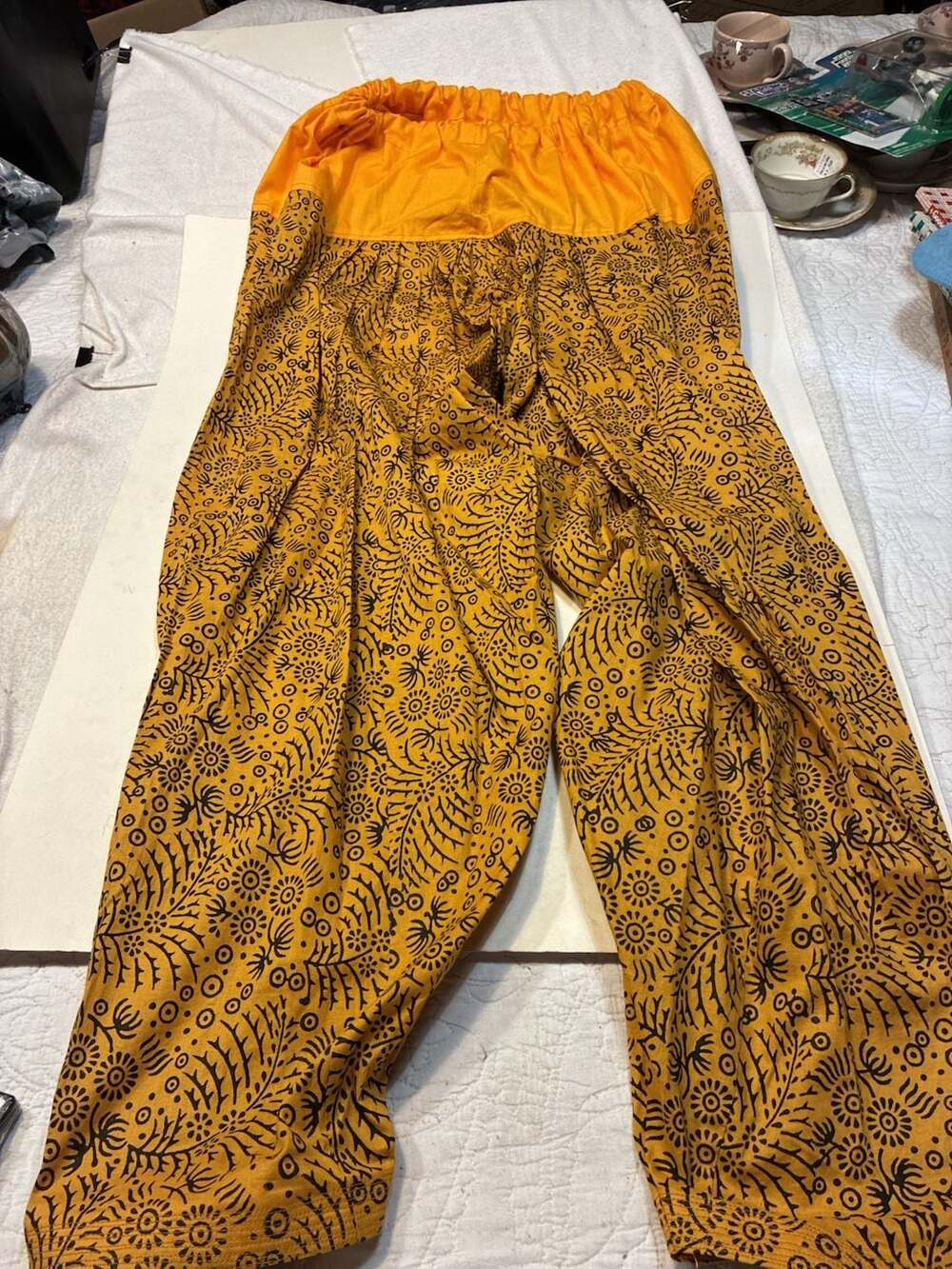Yellow and Black Floral Print Loose Cotton Harem Festival Pants